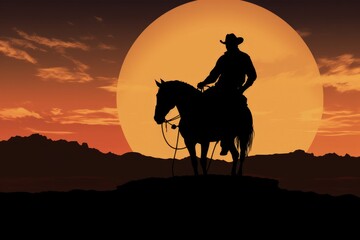 Fototapeta premium Rodeo Cowboy Silhouette at Dusk. Western Cowboy Riding Horse and Lassoing Rope in Silhouette
