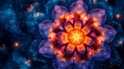 Colorful cosmic flower design with vibrant hues and intricate patterns in a starry background