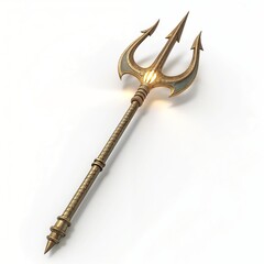 A golden trident with detailed craftsmanship, three sharp prongs, and a glowing orb near the base, displayed on a plain white background.
