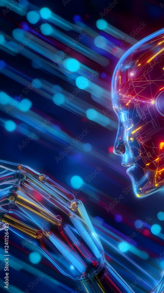 Poster ai robot hand interacts with data streams, futuristic technology, digital background, concept art fo