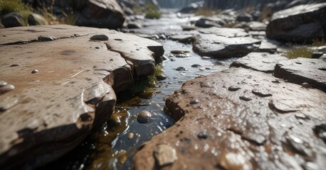 Obraz premium Liquid drops fall onto rough, weathered stone surfaces in a rocky area , outdoor scenery, falling, rough stone