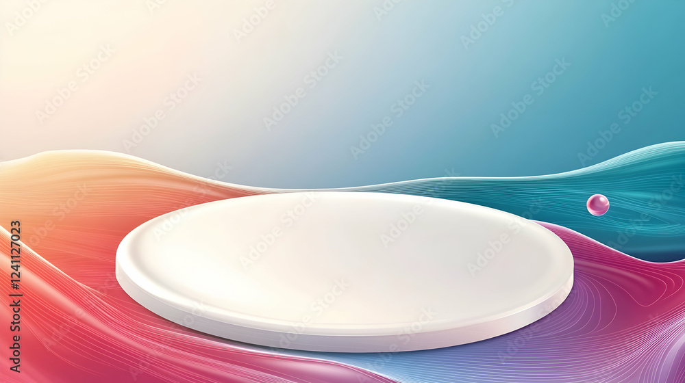 Poster colorful abstract background with a white circular platform, perfect for product display or presenta