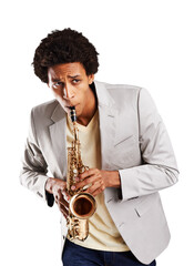 Fototapeta premium Man, saxophone and music for concert performance play, orchestra or jazz band festival. Male person, practice instrument and skill learning creative audio show, isolated on transparent png background