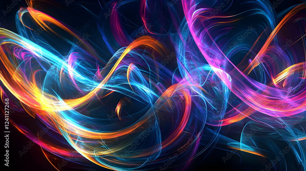 Poster colorful abstract light trails swirling in a dark space, creating a dynamic energy