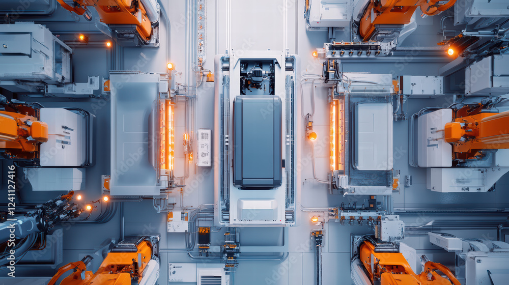 Poster automated assembly line with electric car battery modules and robotic arms, showcasing advanced tech