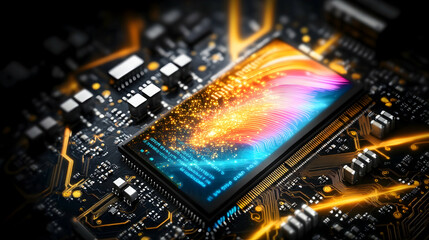 Fototapeta premium Colorful Data Streams Flowing Through Microchip, Circuit Board Background, Tech Innovation