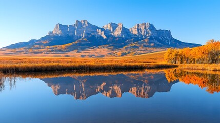 Fototapeta premium Majestic mountain range reflecting perfectly in a tranquil lake at dawn bathed in golden hues and a clear sky adding depth to the serene picturesque landscape