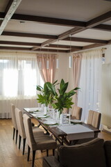 Festive table decorations, flowers and tableware, beautiful table setting for guests