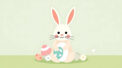 Obraz premium Easter background featuring a vibrant spring scene with colorful Easter eggs, blossoming flowers, and a cheerful bunny