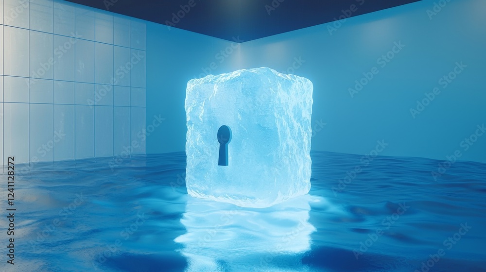 Poster frozen cube with a keyhole illuminated in a serene blue environment