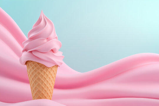 Soft-serve ice cream in a cone with a dreamy pink theme