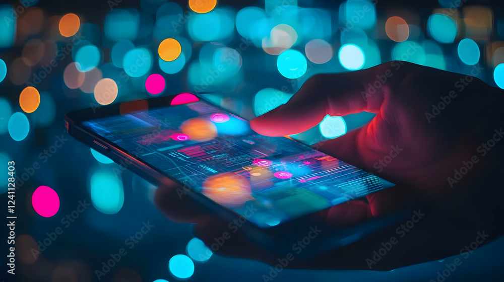 Poster close-up of a hand interacting with a smartphone amidst colorful bokeh lights