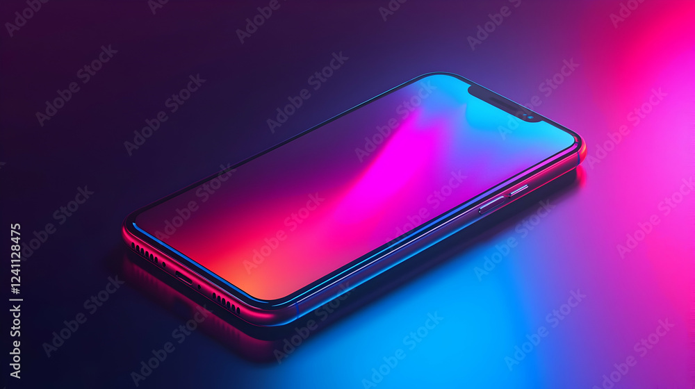 Poster vibrant smartphone with a colorful display on a sleek surface, illuminated by neon lights