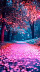 Enchanted forest path covered in vibrant pink leaves during twilight creating a magical autumn atmosphere