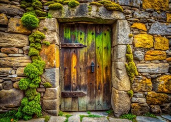 Fototapeta premium Macro Detail: Ancient Fortress Stone Wall with Weathered Wooden Door