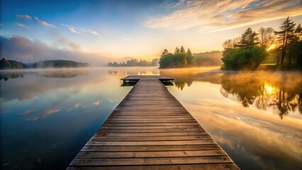 Fototapeta premium Serene wooden pier extending into a peaceful lake at dawn, with misty fog gently rising from the water's surface
