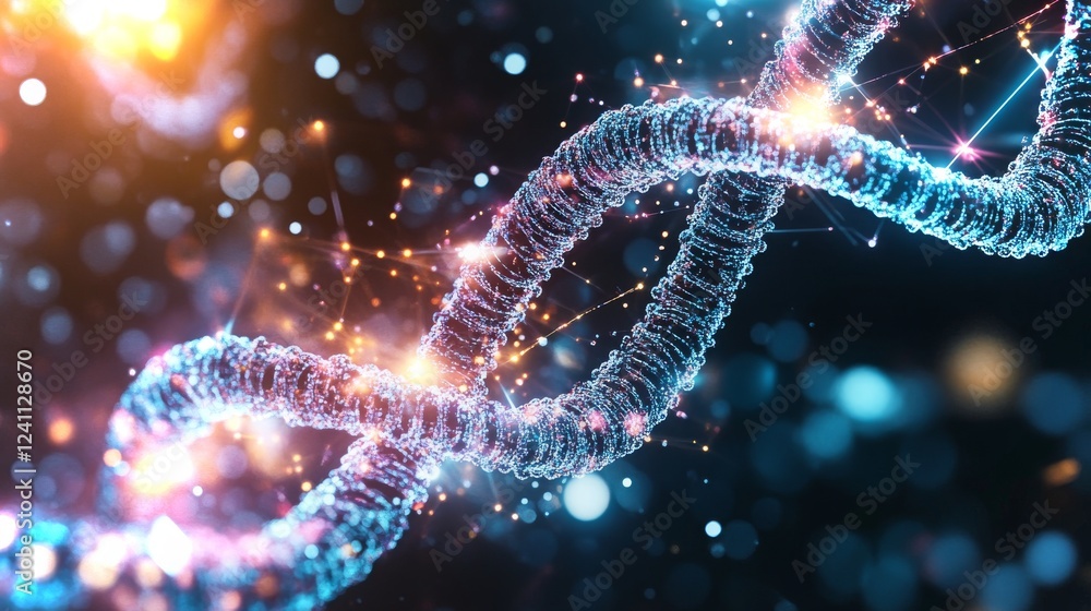 Poster visual representation of a dna helix illuminated with vibrant light effects