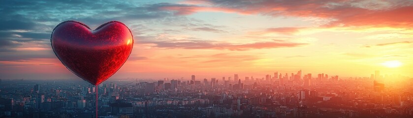 Fototapeta premium A romantic city skyline at sunset with a large heart symbolizing Valentine's Day