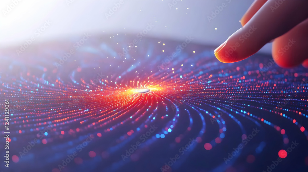 Poster fingertip activating digital data swirl; futuristic tech interface