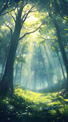 Obraz premium Serene Woodland Glade with Fog and Sunlight for Mobile Background