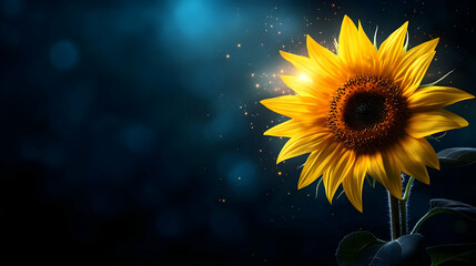 A stunning sunflower illuminated against a dark background, showcasing vibrant yellow petals and deep brown center.