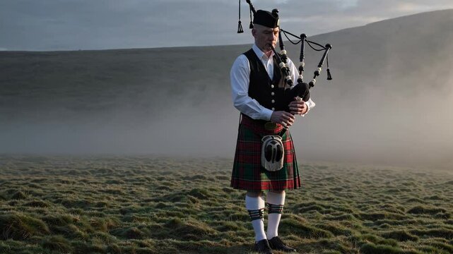 Performer plays traditional bagpipes in misty landscape at dawn