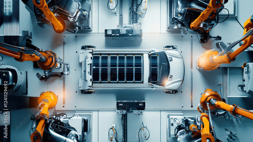 Aufkleber high tech robot assembly line for electric car battery cell production, showcasing advanced automati