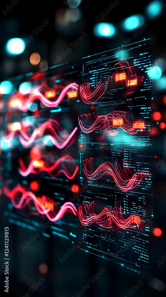 Poster futuristic data streams visualized on a transparent screen at night, city lights blurred in backgrou