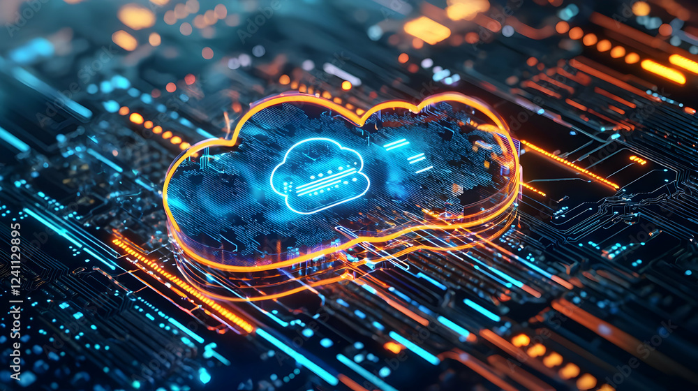 Poster futuristic cloud computing concept with glowing circuit board background