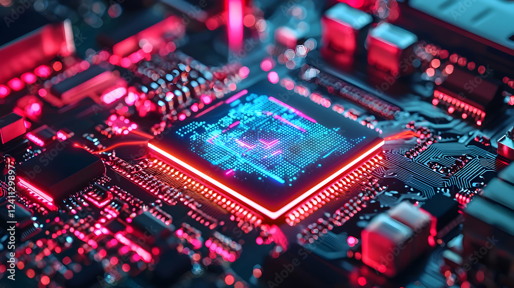 Poster close-up of a vibrant microchip with glowing circuitry in a tech environment