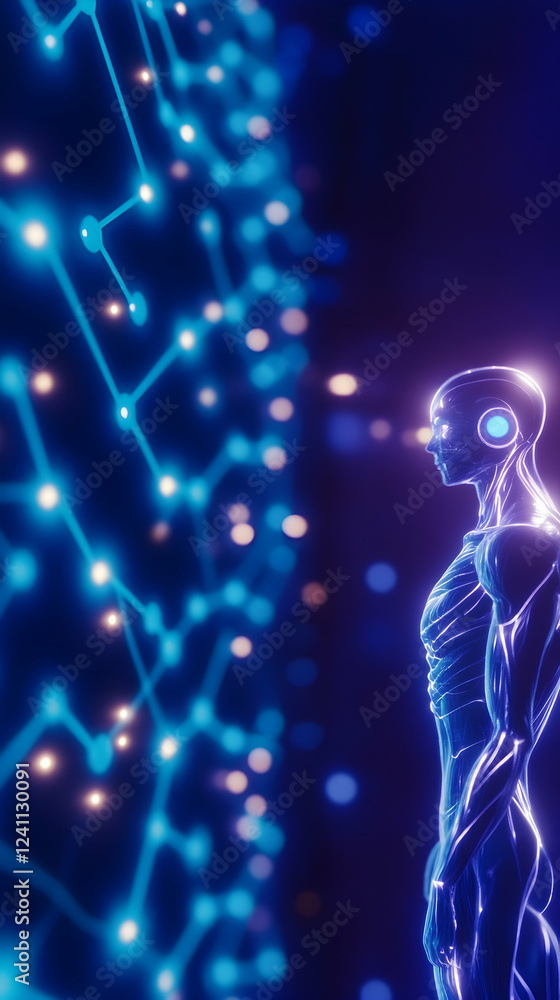 Poster futuristic robot observing network data; digital background; ai concept; tech illustration