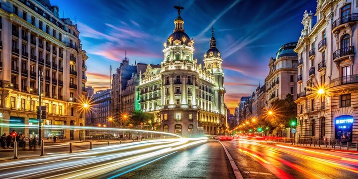 Madrid Nightlife: Gran Via & Callao Square Traffic Lights at Night