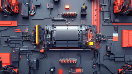 High tech electric car battery assembly with intricate machinery and components. image showcases modern assembly line featuring advanced technology and vibrant colors
