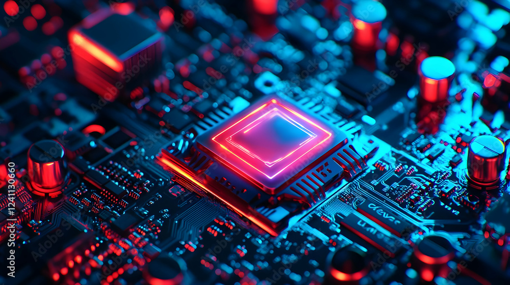 Poster close-up of a futuristic microprocessor on a glowing circuit board