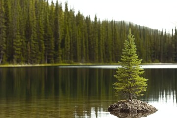 Obraz premium Lone tree growing on a rock in a serene lake