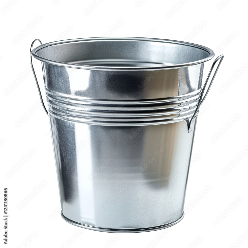 Aufkleber the image shows a small, empty, metallic bucket with two wire handles. its silver surface is clean a