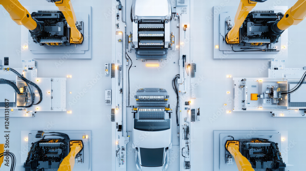Poster high tech robot assembly line for electric car battery cells, showcasing advanced automation and pre