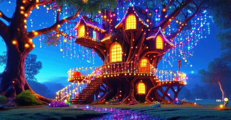 Obraz premium Charming treehouse covered in glowing birthday lights, radiating warmth and cheer, creating a festive and magical atmosphere perfect for a joyful celebration