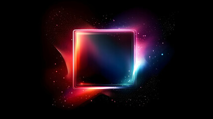 Obraz premium Glowing neon square frame, vibrant cosmic background, digital art, ideal for website banners