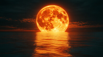 Glowing orange moon rises above tranquil ocean at dusk