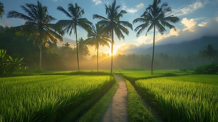 Obraz premium Sunrise path through tropical rice paddy