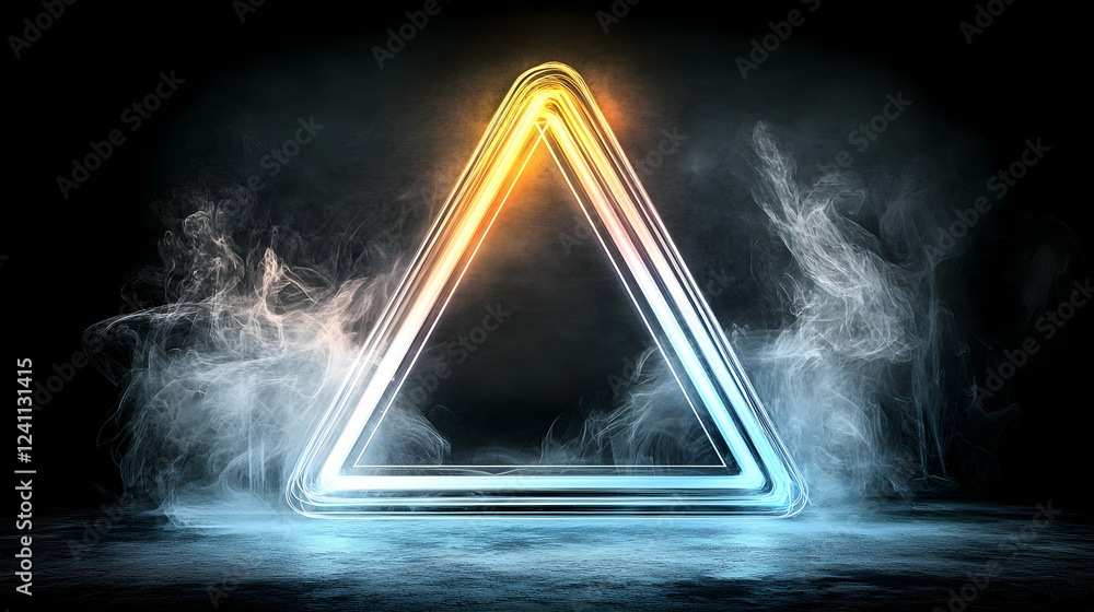 Poster glowing triangle neon frame in smoky dark space; abstract background for design