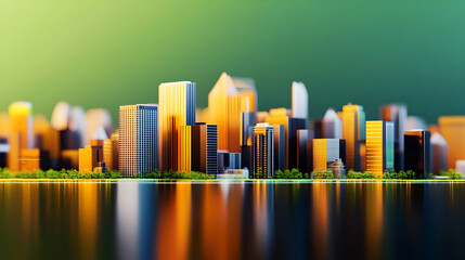 Golden cityscape sunrise reflection; urban development; futuristic city;  illustration for real estate