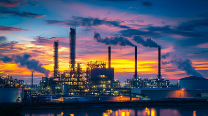 Fototapeta premium Industrial skyline at sunset with vibrant clouds and smoke from chimneys