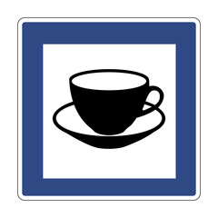 Cafe road information sign. Informs road users about the location a cafe nearby where they can stop for rest and food. Service sign. Sign coffee, tea.