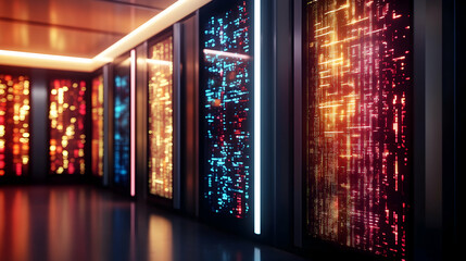 Illuminated data center server room corridor; glowing panels display complex code; future technology background; ideal for tech, innovation