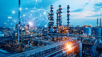 Industrial landscape at dusk showcasing interconnected systems and machinery