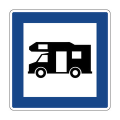 Road sign for caravan camping. Indicates a place intended for parking caravans. Parking for motorhomes.