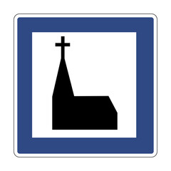 Road sign church. Information sign. Informs drivers about the presence a nearby religious object such as a church cathedral or chapel.