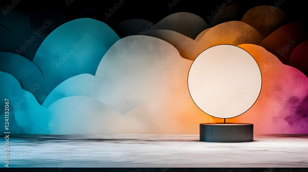 Poster Illuminated circle on stand against colorful abstract background; product display